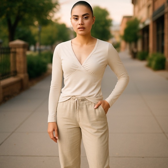 HALARA Soft V-Neck Long Sleeve Top Cream Small - Picture 1 of 8